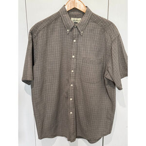 Men's Eddie Bauer Brown & White Plaid Seersucker Casual Button Down Shirt L